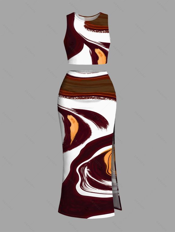 Vacation Couple Outfit Fluid Art Print Tank Top High Slit Bodycon Skirt Women Set and Shirt - Brun S | US 4