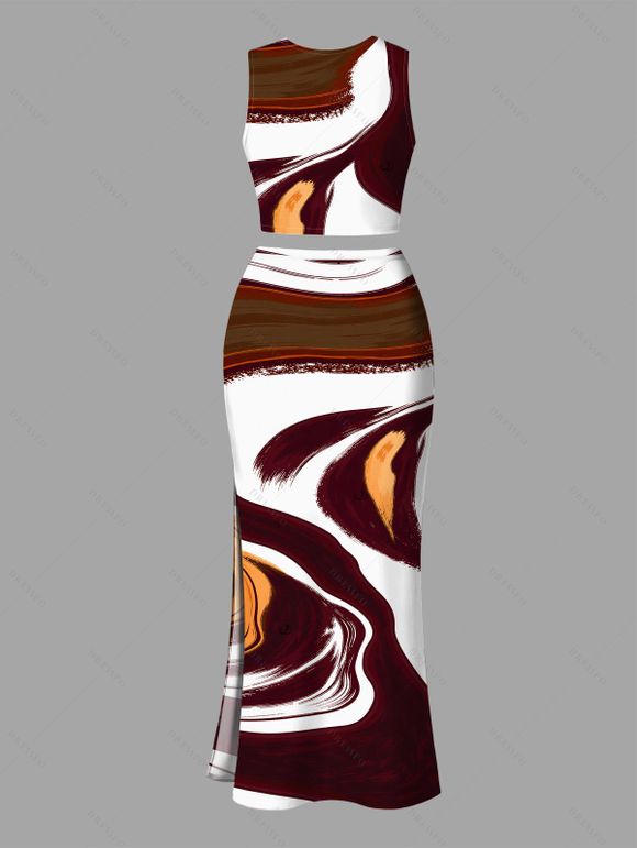 Vacation Couple Outfit Fluid Art Print Tank Top High Slit Bodycon Skirt Women Set and Shirt - Brun S | US 4