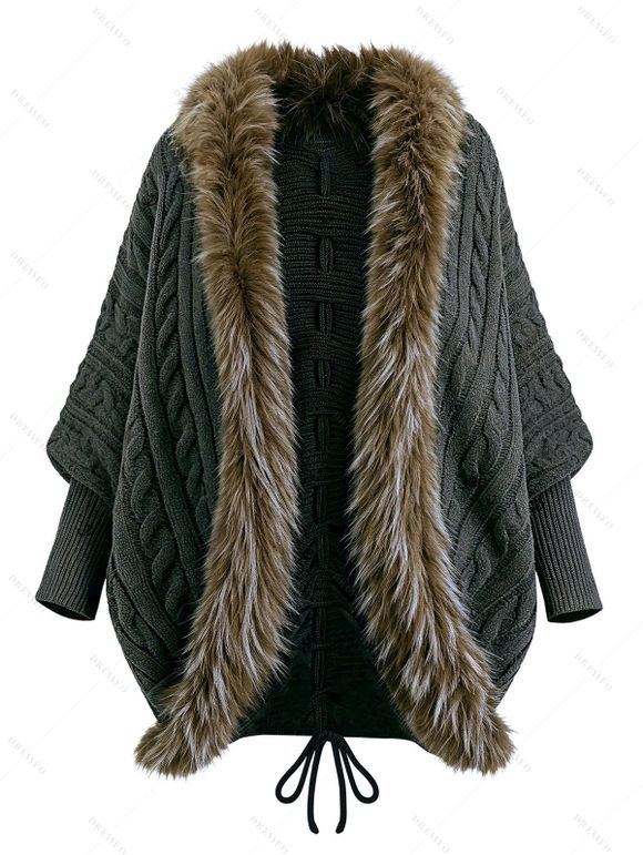 Gothic Women Outfit Cable Knit Faux Fur Open Front Cinched Back Coat and Grommet Buckle Lace Up Leggings Set - Vert Armée S | US 4