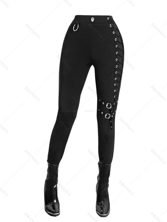 Gothic Women Outfit Cable Knit Faux Fur Open Front Cinched Back Coat and Grommet Buckle Lace Up Leggings Set - Vert Armée S | US 4