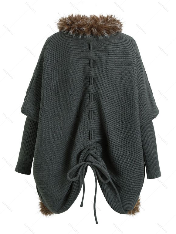 Vintage Sweater Coat Cable Knit Faux Fur Open Front Cinched Back Long Sleeve Coat - Vert profond ONE SIZE