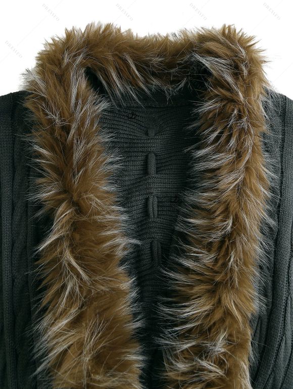 Vintage Sweater Coat Cable Knit Faux Fur Open Front Cinched Back Long Sleeve Coat - Vert profond ONE SIZE