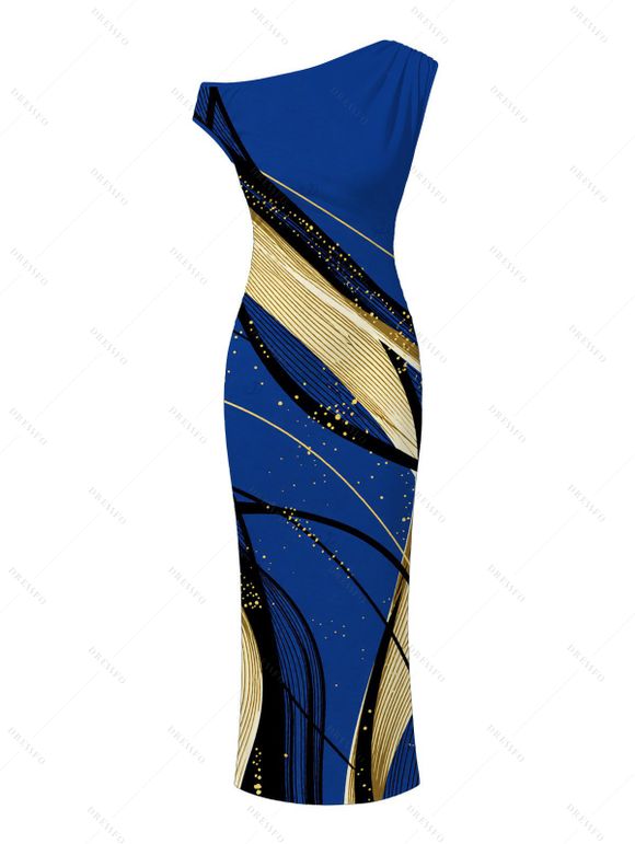 Vacation Couple Outfit Golden Abstract Line Print Skew Neck Bodycon Maxi Dress ad Shirt Set - Bleu S | US 4