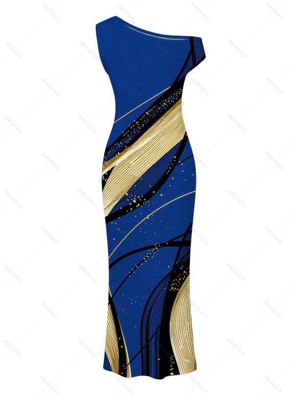 Vacation Couple Outfit Golden Abstract Line Print Skew Neck Bodycon Maxi Dress ad Shirt Set - Bleu S | US 4