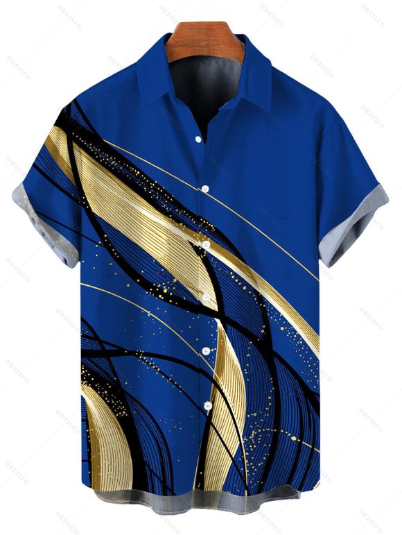 Vacation Couple Outfit Golden Abstract Line Print Skew Neck Bodycon Maxi Dress ad Shirt Set - Bleu S | US 4