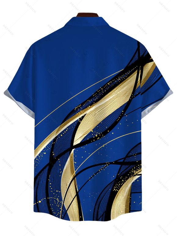 Vacation Couple Outfit Golden Abstract Line Print Skew Neck Bodycon Maxi Dress ad Shirt Set - Bleu S | US 4