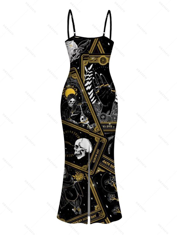 Gothic Dress Tarot Card Skull Print Spaghetti Strap Bodycon Maxi Dress - Noir L | US 8-10