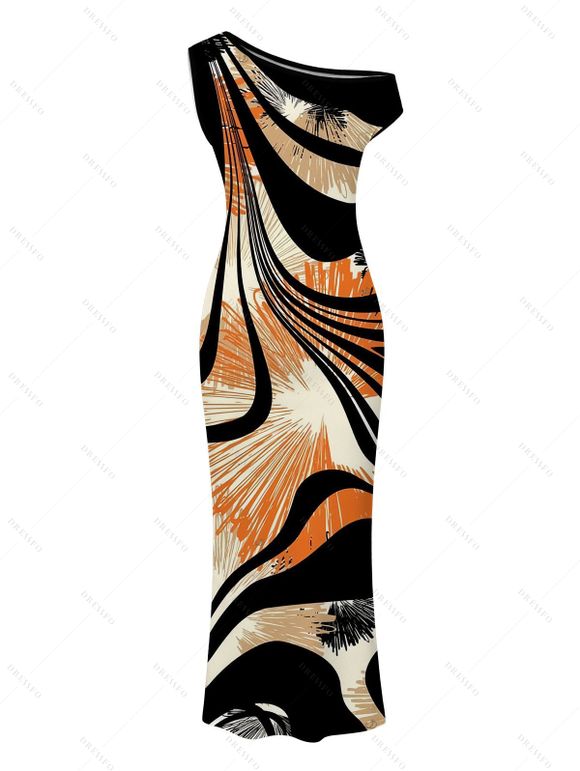 Vintage Dress Colorblock Abstract Ray Wave Stripe Print Skew Neck Mermaid Bodycon Maxi Dress - Noir XXL | US 14
