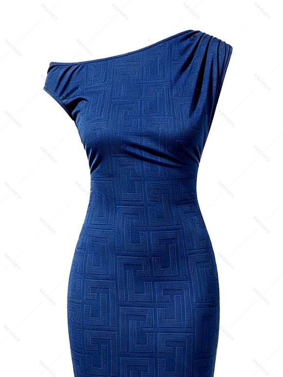 Elegant Dress Geometric Textured Solid Color Ruched Skew Neck Bodycon Maxi Dress - Bleu profond XXL | US 14