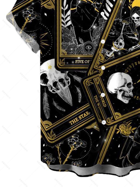 Men's Gothic Shirt Tarot Card Skull Print Button Up Shirt - Noir 5XL