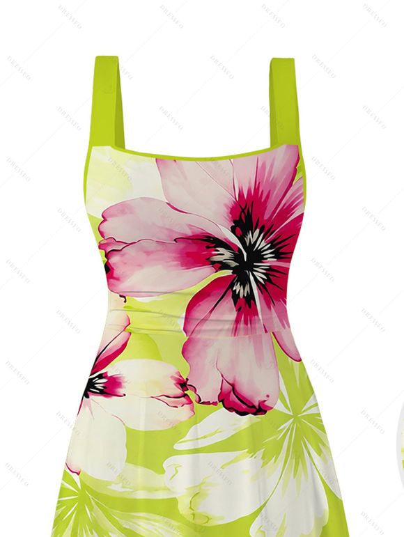 Vacation Dress Watercolor Flower Print Tied Back Square Neck Pocket A Line Dress - Vert Jaune XXL | US 14