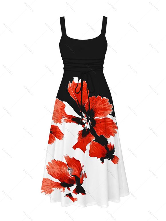 Vacation Dress Contrast Color Watercolor Floral Print Square Neck Tied Back Pocket A Line Dress - Noir XXL | US 14