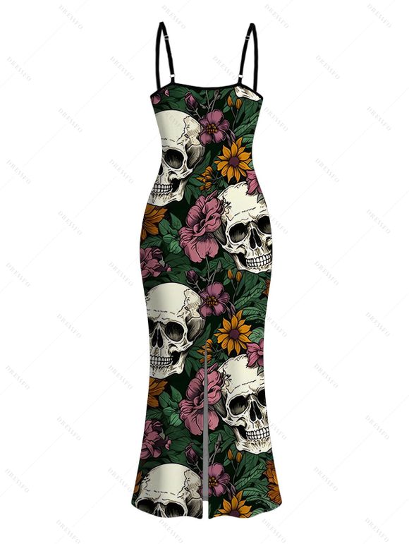 Gothic Dress Skulls Sunflower Roser Floral Print Spaghetti Strap Bodycon Dress - Noir XXL | US 14