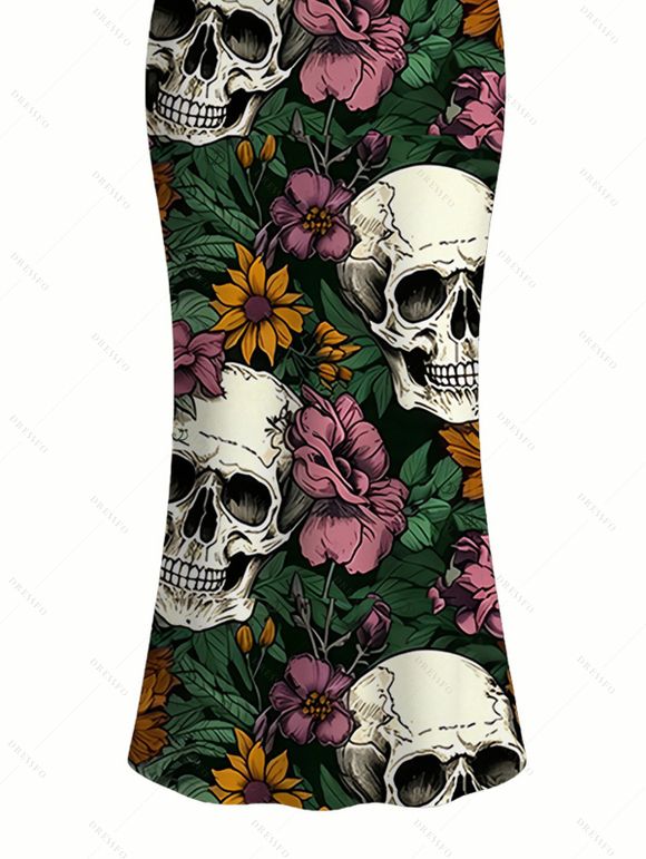 Gothic Dress Skulls Sunflower Roser Floral Print Spaghetti Strap Bodycon Dress - Noir XXL | US 14