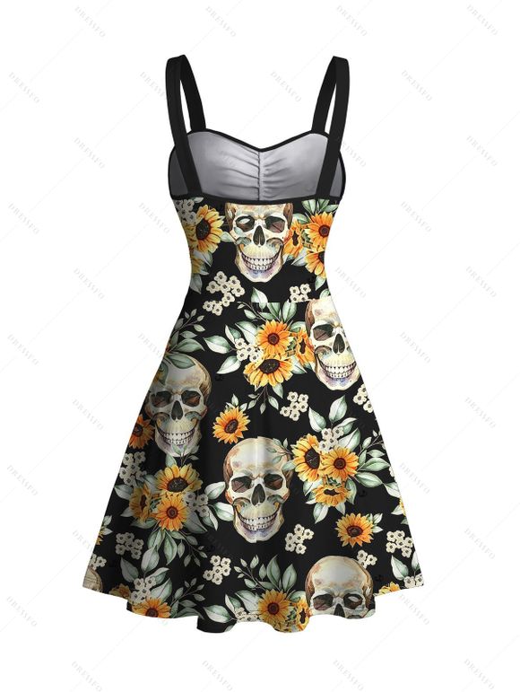 Vintage Gothic Dress Skulls Sunflower Leaf Print Ruched Bust Mini Vacation Dress - Noir L | US 8-10