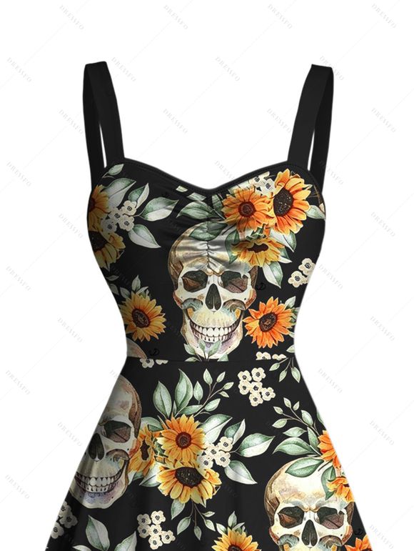 Vintage Gothic Dress Skulls Sunflower Leaf Print Ruched Bust Mini Vacation Dress - Noir L | US 8-10