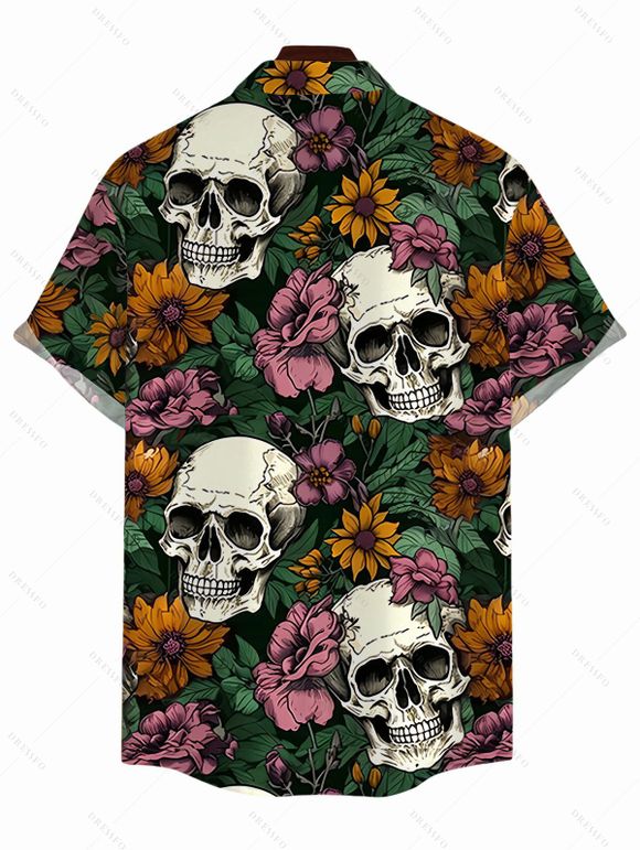 Men's Gothic Shirt Skulls Sunflower Roser Floral Print Button Up Shirt - Noir 5XL
