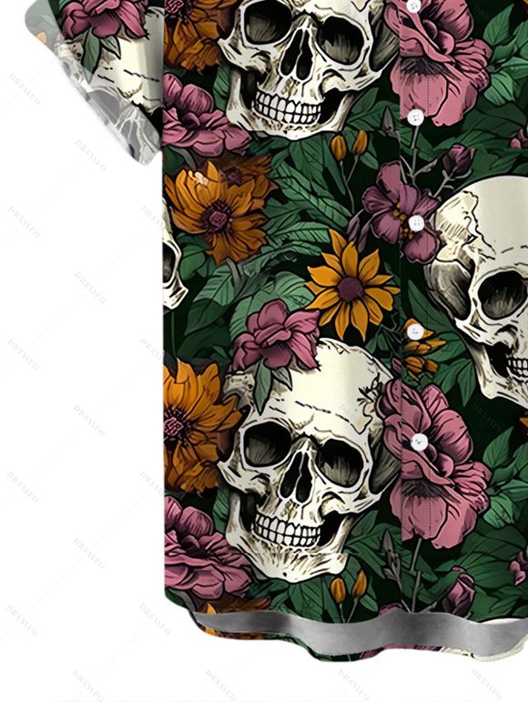 Men's Gothic Shirt Skulls Sunflower Roser Floral Print Button Up Shirt - Noir 5XL