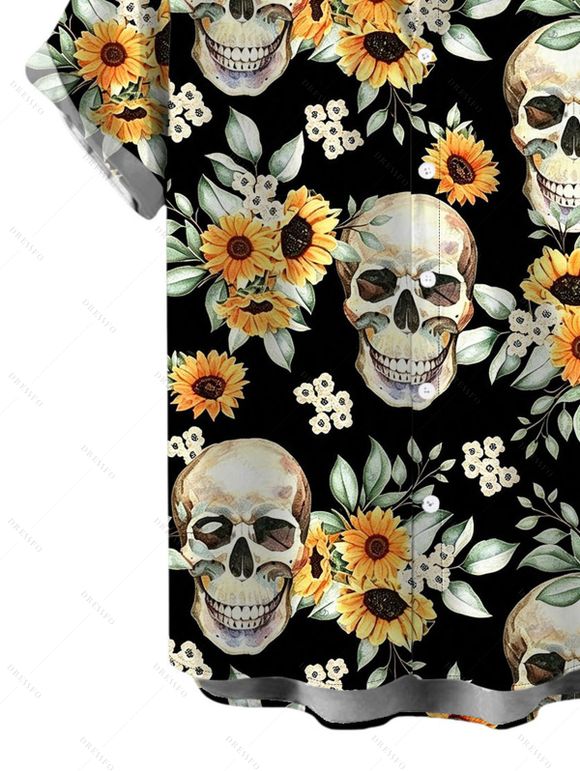 Men's Vintage Gothic Shirt Skulls Sunflower Leaf Print Button Up Vacation Shirt - Noir 5XL