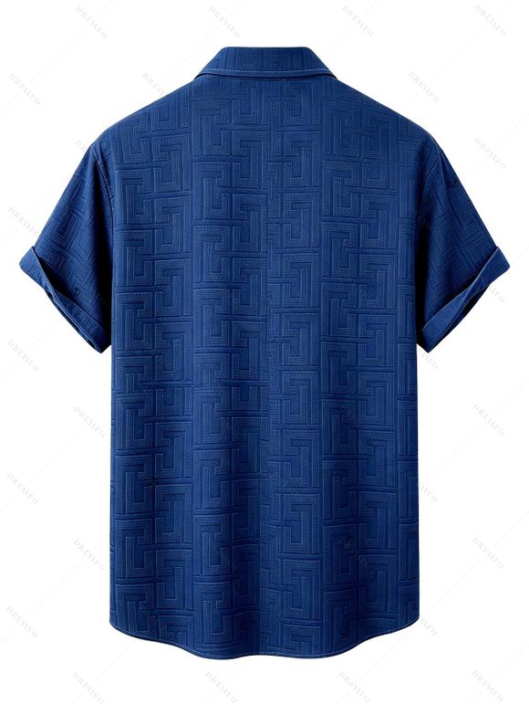 Men's Casual Shirt Geometric Textured Solid Color Button Up Shirt - Bleu profond 2XL