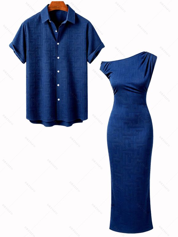 Casual Couple Outfit Geometric Textured Solid Color Ruched Skew Neck Bodycon Maxi Dress and Shirt Set - Bleu profond S | US 4