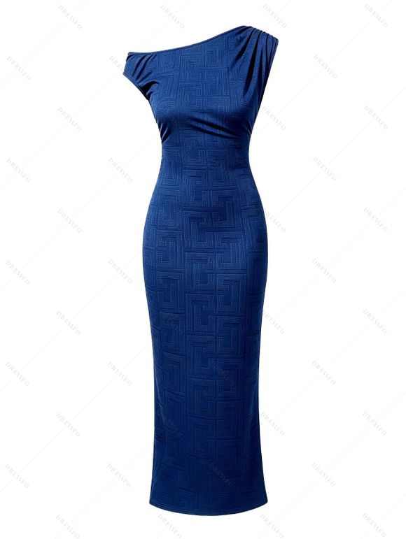 Casual Couple Outfit Geometric Textured Solid Color Ruched Skew Neck Bodycon Maxi Dress and Shirt Set - Bleu profond S | US 4