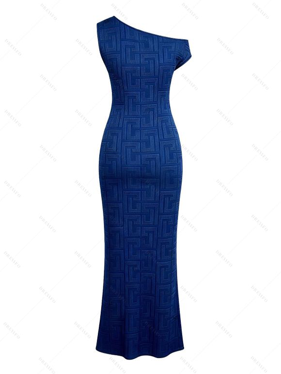 Casual Couple Outfit Geometric Textured Solid Color Ruched Skew Neck Bodycon Maxi Dress and Shirt Set - Bleu profond S | US 4