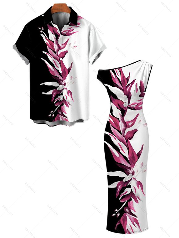 Vacation Vintage Couple Outfit Contract Color Tropical Plant Print Skew Neck Bodycon Maxi Dress and Shirt Set - Noir S | US 4