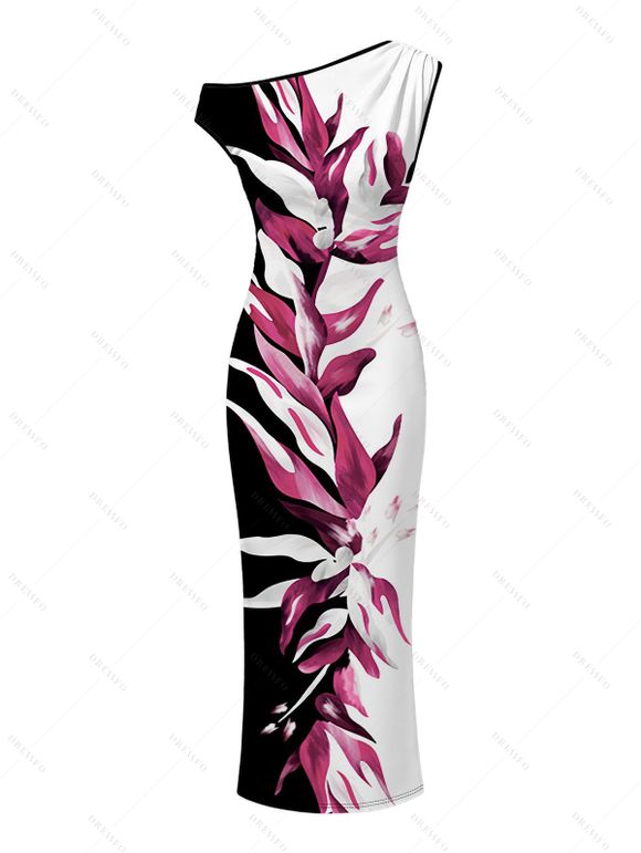 Vacation Vintage Couple Outfit Contract Color Tropical Plant Print Skew Neck Bodycon Maxi Dress and Shirt Set - Noir S | US 4