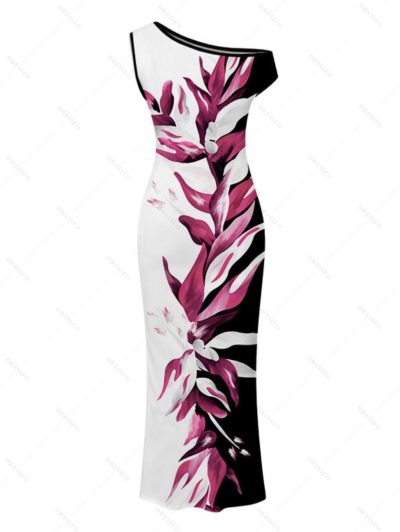Vacation Vintage Couple Outfit Contract Color Tropical Plant Print Skew Neck Bodycon Maxi Dress and Shirt Set - Noir S | US 4