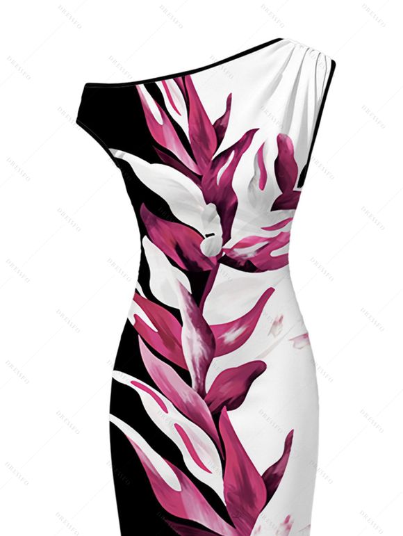 Vacation Vintage Couple Outfit Contract Color Tropical Plant Print Skew Neck Bodycon Maxi Dress and Shirt Set - Noir S | US 4