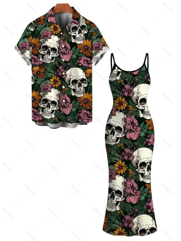 Gothic Couple Outfit Skulls Sunflower Roser Floral Print Spaghetti Strap Bodycon Dress and Shirt Set - Noir S | US 4