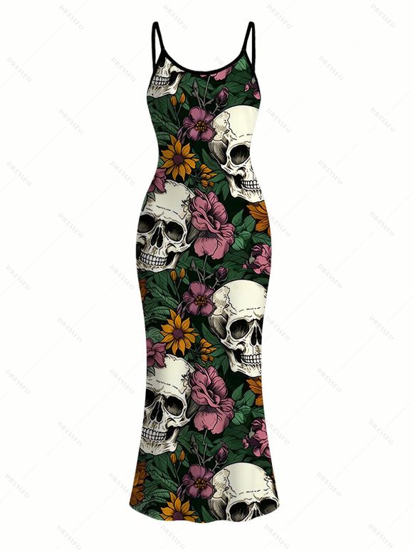 Gothic Couple Outfit Skulls Sunflower Roser Floral Print Spaghetti Strap Bodycon Dress and Shirt Set - Noir S | US 4