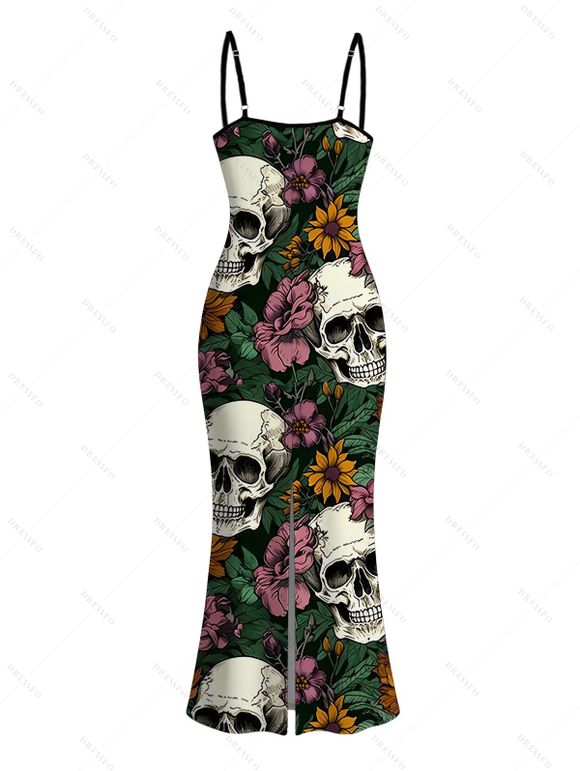 Gothic Couple Outfit Skulls Sunflower Roser Floral Print Spaghetti Strap Bodycon Dress and Shirt Set - Noir S | US 4