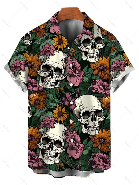 Gothic Couple Outfit Skulls Sunflower Roser Floral Print Spaghetti Strap Bodycon Dress and Shirt Set - Noir S | US 4