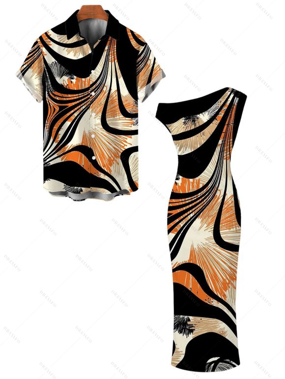 Vintage Couple Outfit Colorblock Abstract Ray Wave Stripe Print Skew Neck Mermaid Bodycon Maxi Dress and Shirt Set - Noir S | US 4