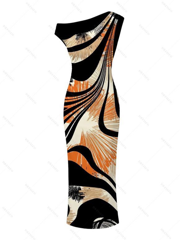 Vintage Couple Outfit Colorblock Abstract Ray Wave Stripe Print Skew Neck Mermaid Bodycon Maxi Dress and Shirt Set - Noir S | US 4