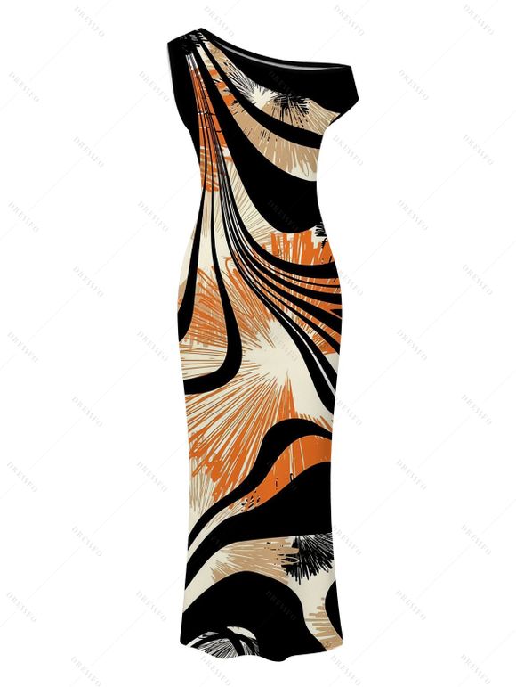 Vintage Couple Outfit Colorblock Abstract Ray Wave Stripe Print Skew Neck Mermaid Bodycon Maxi Dress and Shirt Set - Noir S | US 4