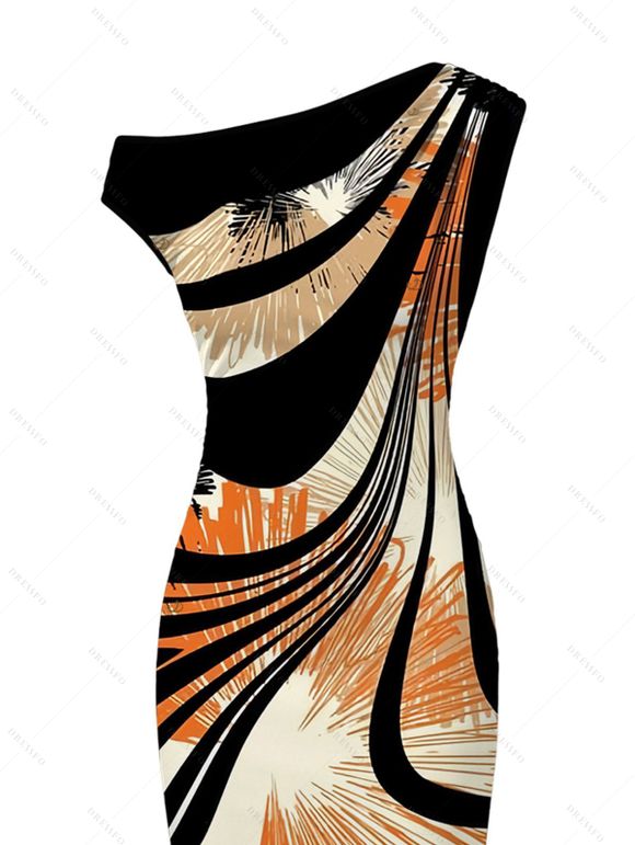 Vintage Couple Outfit Colorblock Abstract Ray Wave Stripe Print Skew Neck Mermaid Bodycon Maxi Dress and Shirt Set - Noir S | US 4
