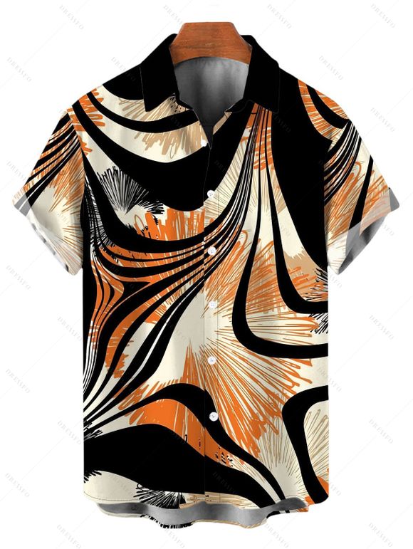 Vintage Couple Outfit Colorblock Abstract Ray Wave Stripe Print Skew Neck Mermaid Bodycon Maxi Dress and Shirt Set - Noir S | US 4