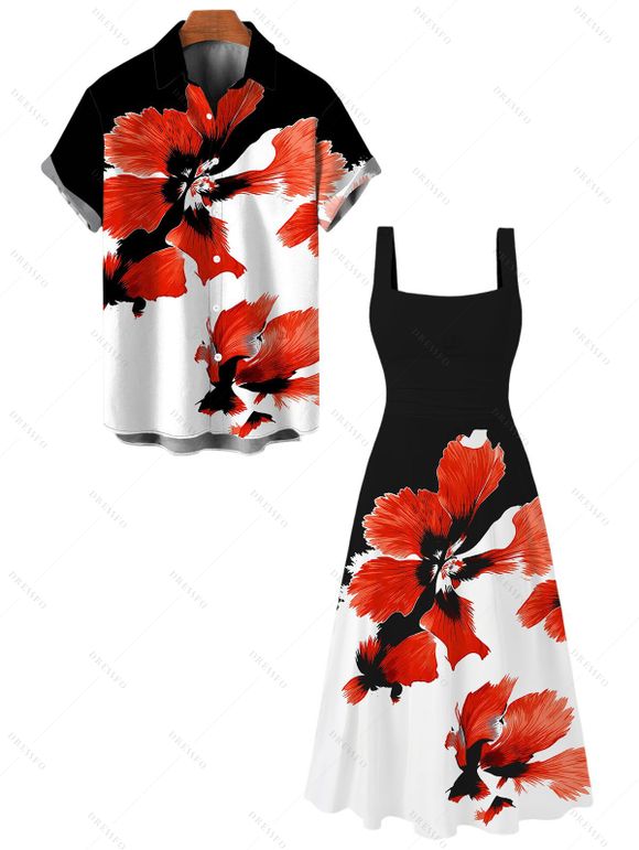 Vacation Couple Outfit Contrast Color Watercolor Floral Print Square Neck Tied Back Pocket A Line Dress and Shirt Set - Noir S | US 4