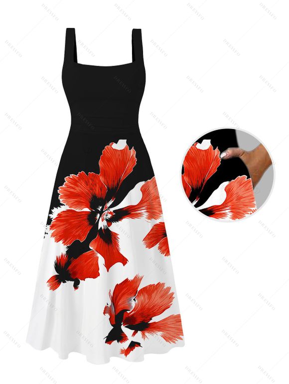 Vacation Couple Outfit Contrast Color Watercolor Floral Print Square Neck Tied Back Pocket A Line Dress and Shirt Set - Noir S | US 4