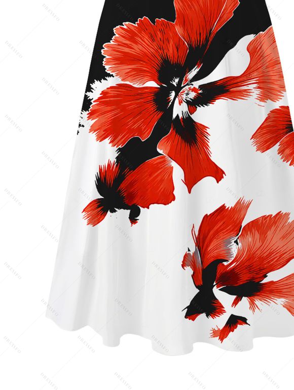Vacation Couple Outfit Contrast Color Watercolor Floral Print Square Neck Tied Back Pocket A Line Dress and Shirt Set - Noir S | US 4