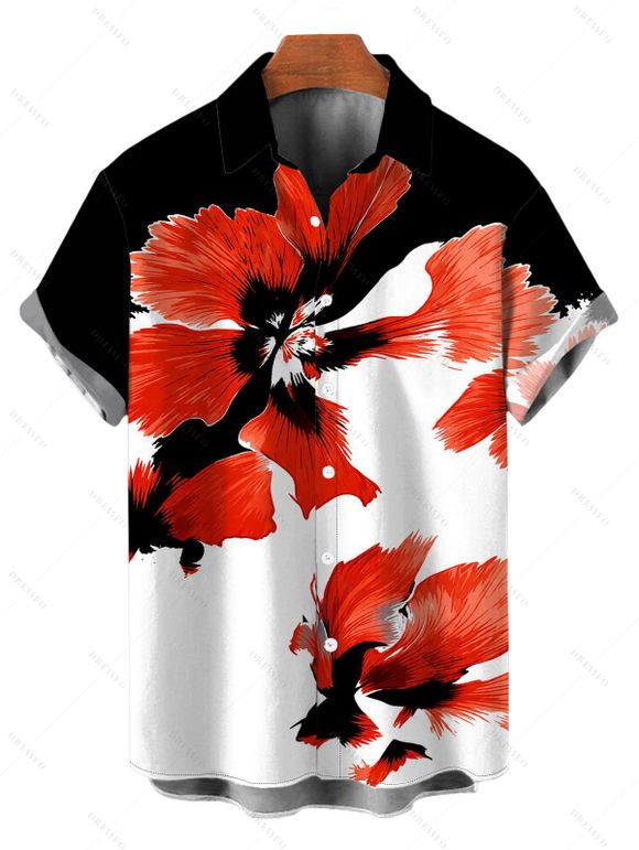 Vacation Couple Outfit Contrast Color Watercolor Floral Print Square Neck Tied Back Pocket A Line Dress and Shirt Set - Noir S | US 4