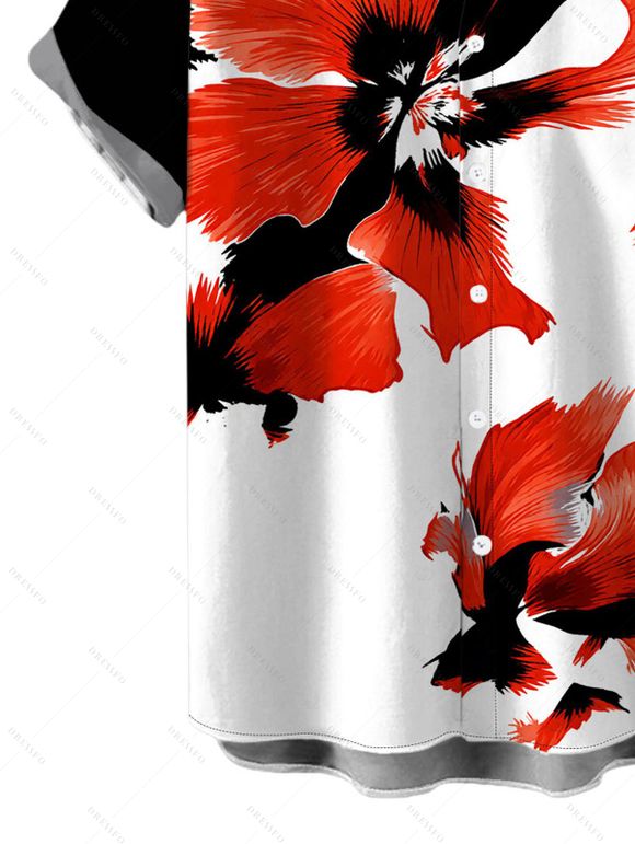 Vacation Couple Outfit Contrast Color Watercolor Floral Print Square Neck Tied Back Pocket A Line Dress and Shirt Set - Noir S | US 4