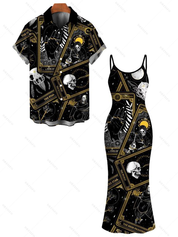 Gothic Couple Outfit Tarot Card Skull Print Spaghetti Strap Bodycon Maxi Dress and Shirt Set - Noir S | US 4