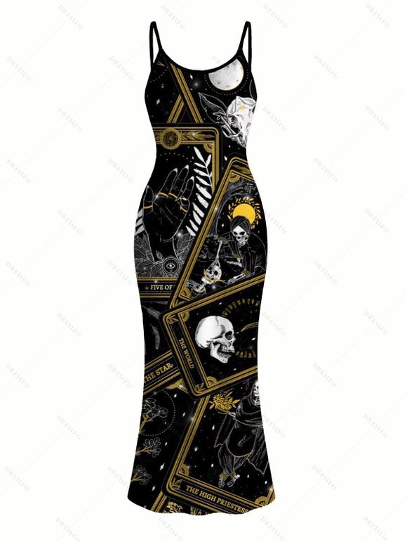 Gothic Couple Outfit Tarot Card Skull Print Spaghetti Strap Bodycon Maxi Dress and Shirt Set - Noir S | US 4