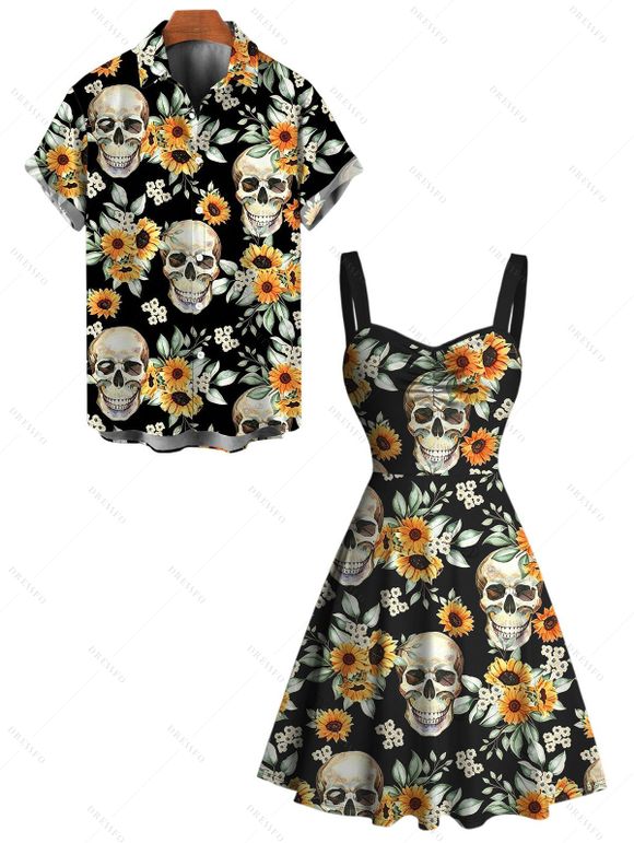 Vintage Gothic Couple Outfit Skulls Sunflower Leaf Print Ruched Bust Mini Dress and Shirt Set - Noir S | US 4