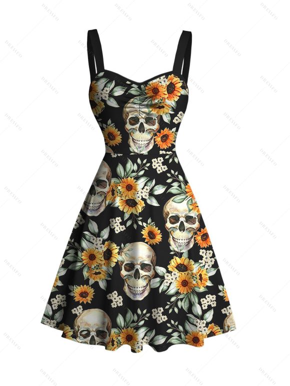Vintage Gothic Couple Outfit Skulls Sunflower Leaf Print Ruched Bust Mini Dress and Shirt Set - Noir S | US 4