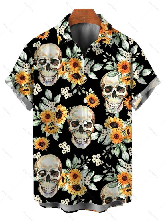 Vintage Gothic Couple Outfit Skulls Sunflower Leaf Print Ruched Bust Mini Dress and Shirt Set - Noir S | US 4